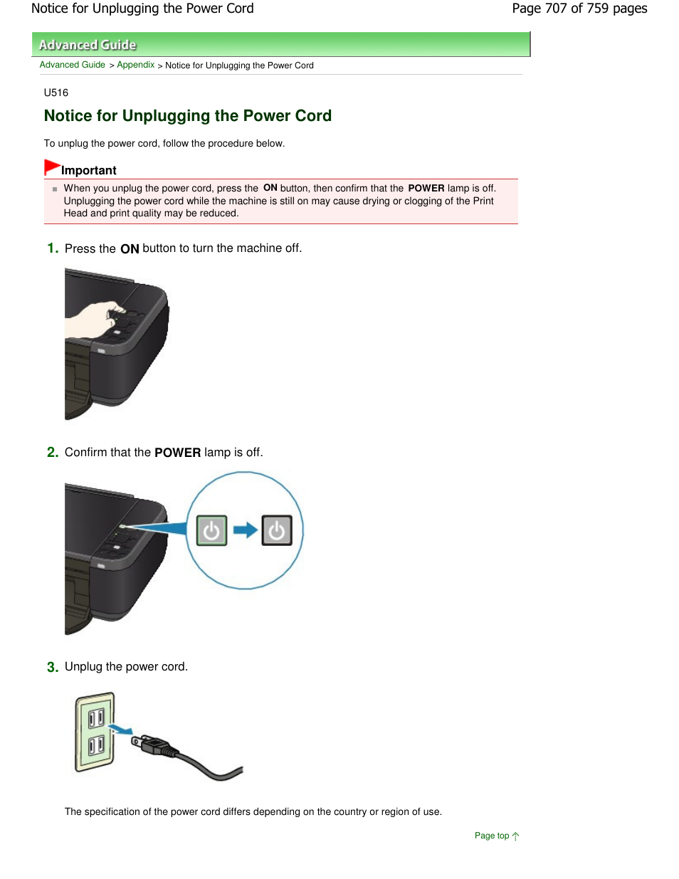 Notice for unplugging the power cord | Canon mp495 User Manual | Page 707 / 759