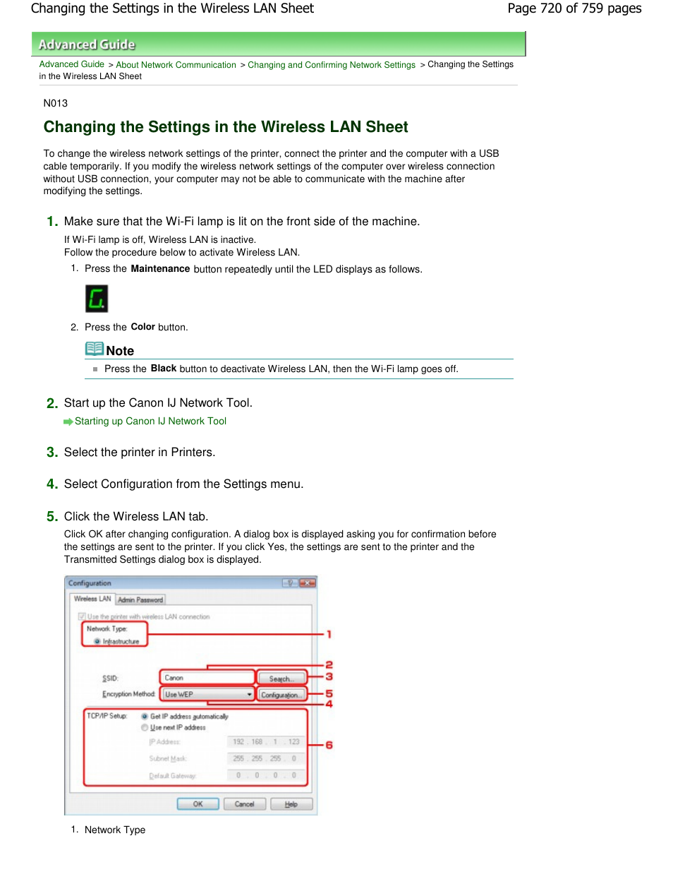 Changing the settings in the wireless lan sheet | Canon mp495 User Manual | Page 720 / 759