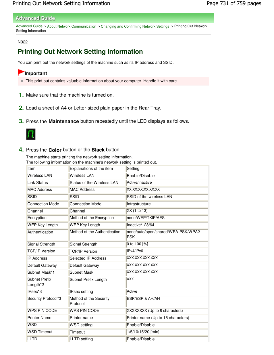 Printing out network setting information | Canon mp495 User Manual | Page 731 / 759