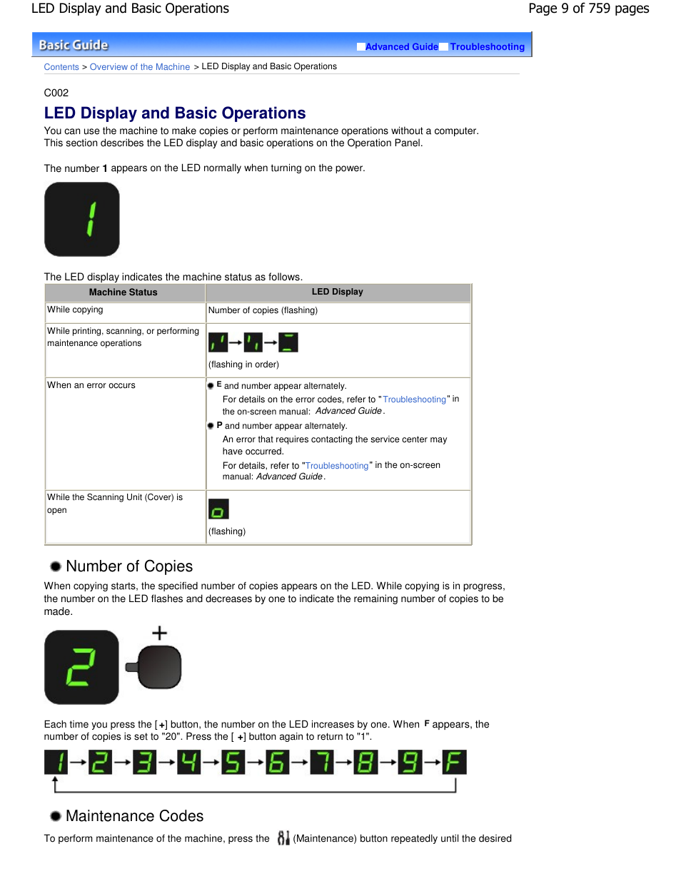 Led display and basic operations, Number of copies, Maintenance codes | Canon mp495 User Manual | Page 9 / 759