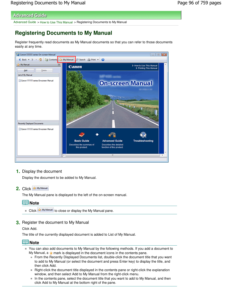 Registering documents to my manual | Canon mp495 User Manual | Page 96 / 759