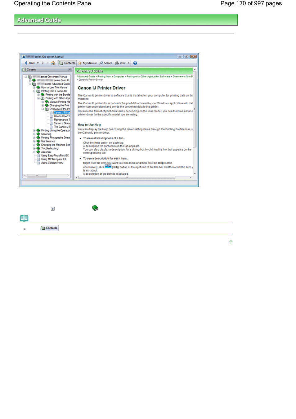 Operating the contents pane | Canon mx860 User Manual | Page 170 / 997