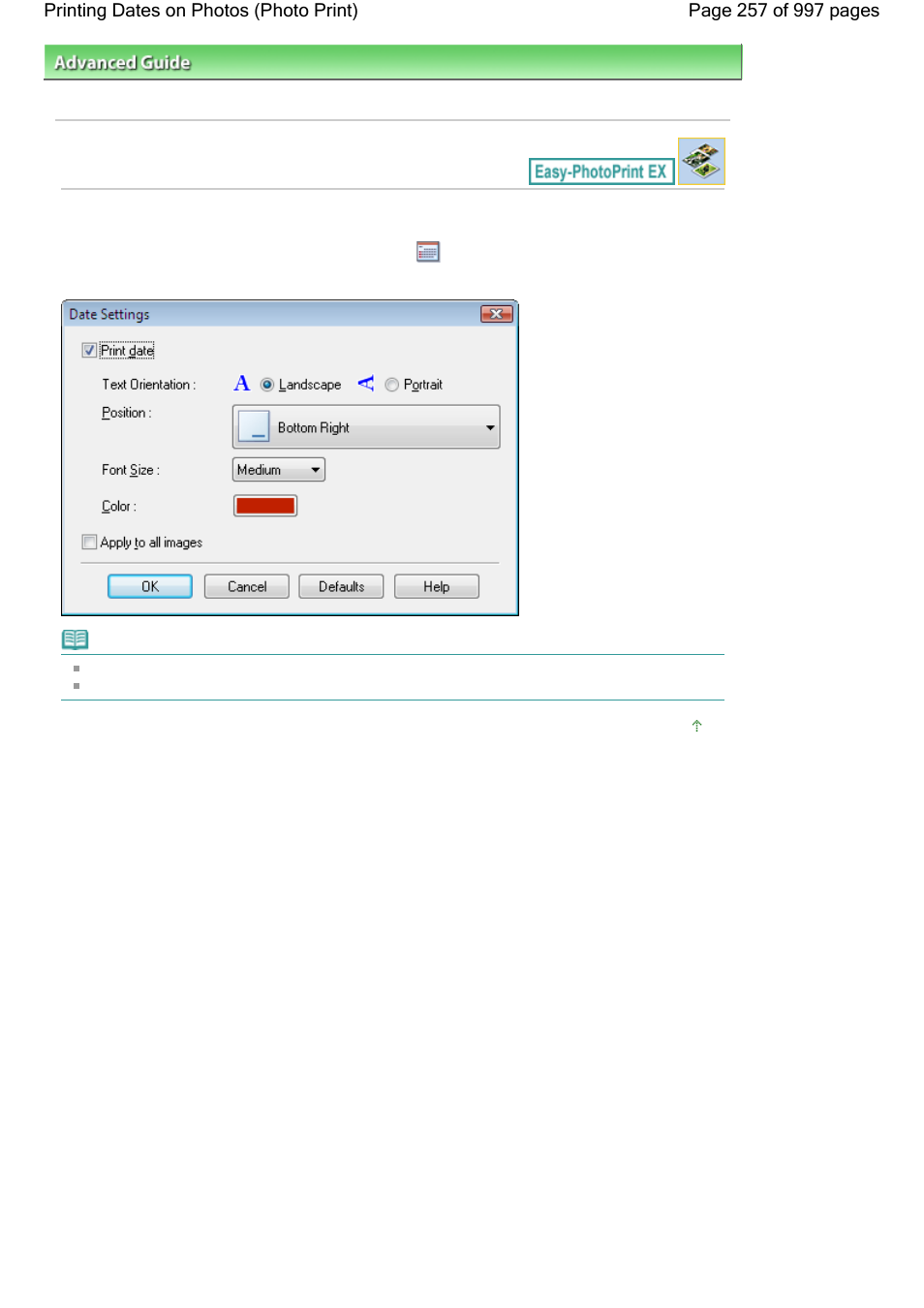 Printing dates on photos (photo print) | Canon mx860 User Manual | Page 257 / 997