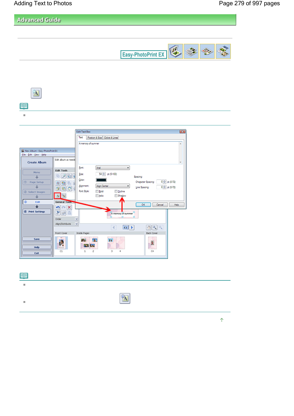 Adding text to photos | Canon mx860 User Manual | Page 279 / 997
