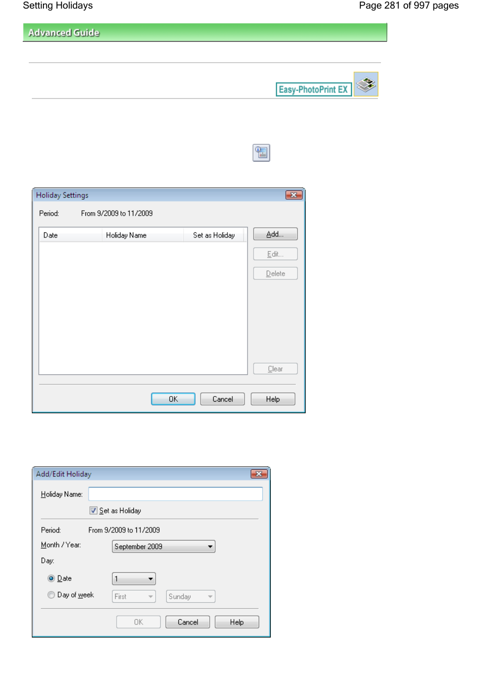 Setting holidays | Canon mx860 User Manual | Page 281 / 997