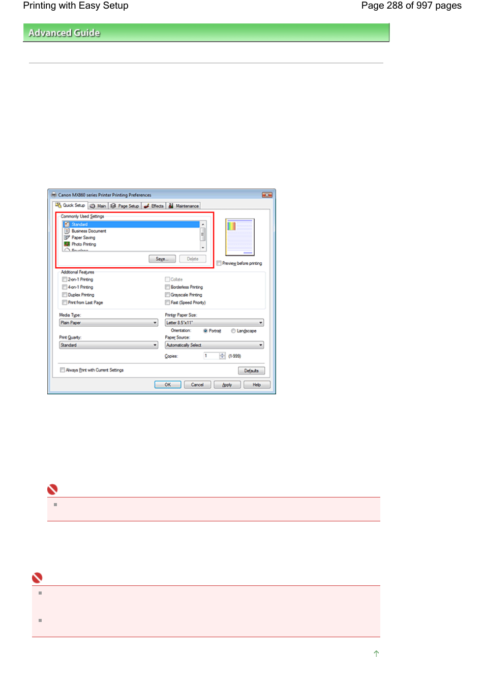 Printing with easy setup | Canon mx860 User Manual | Page 288 / 997