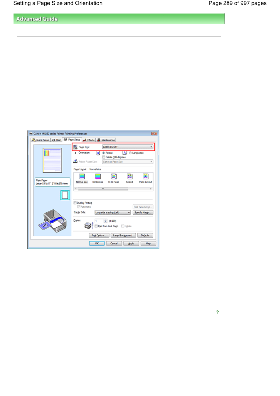 Setting a page size and orientation | Canon mx860 User Manual | Page 289 / 997