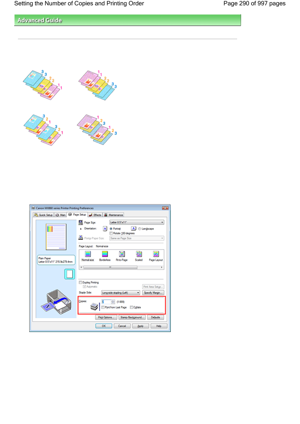 Setting the number of copies and printing order | Canon mx860 User Manual | Page 290 / 997