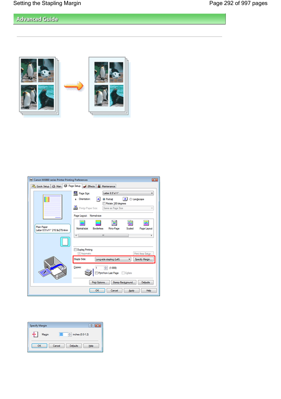 Setting the stapling margin | Canon mx860 User Manual | Page 292 / 997