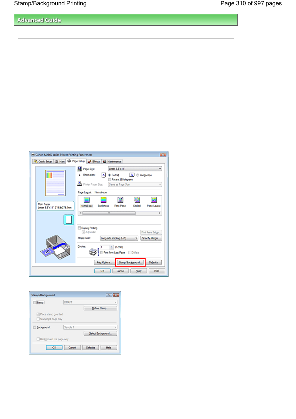 Stamp/background printing | Canon mx860 User Manual | Page 310 / 997