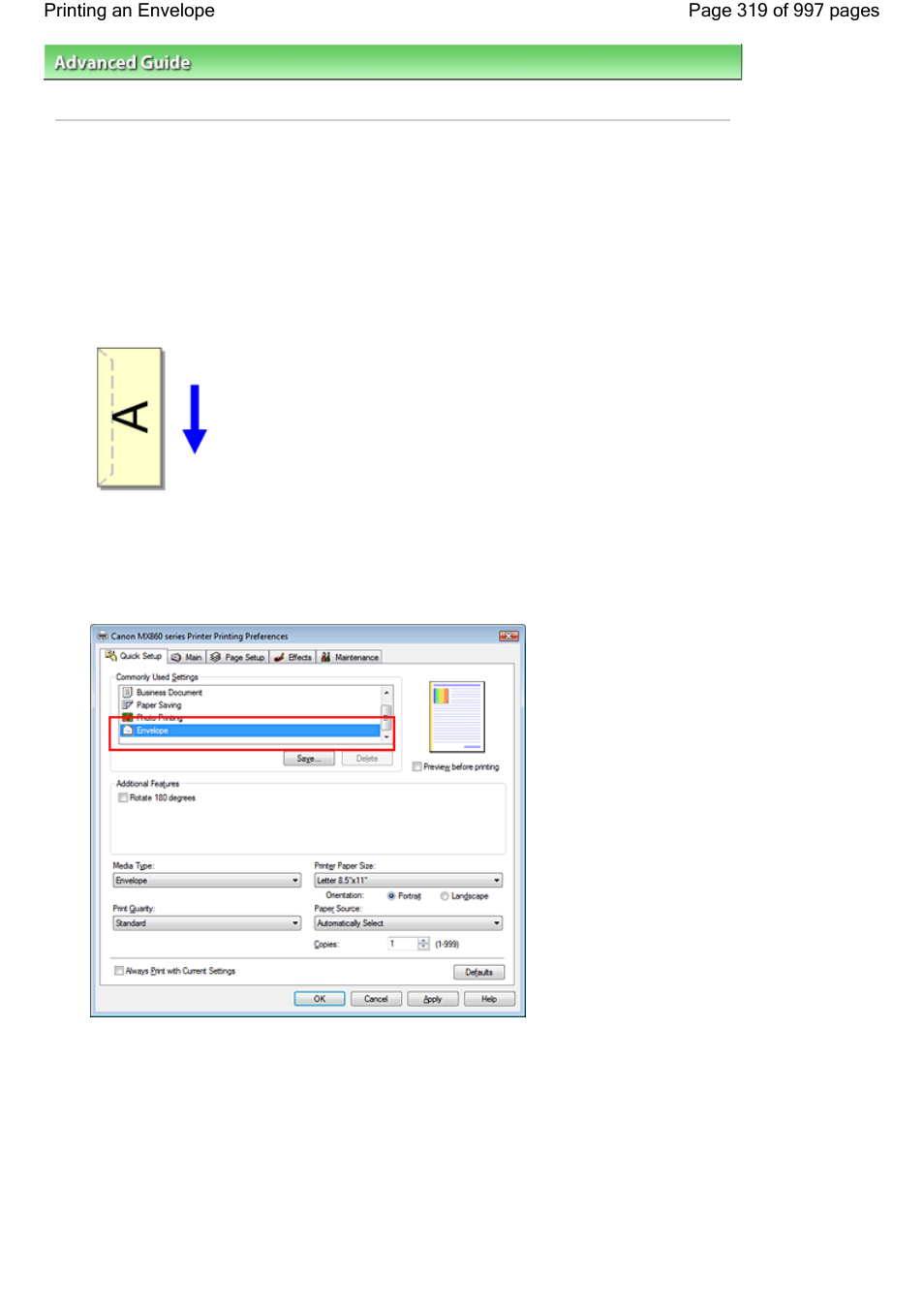 Printing an envelope | Canon mx860 User Manual | Page 319 / 997