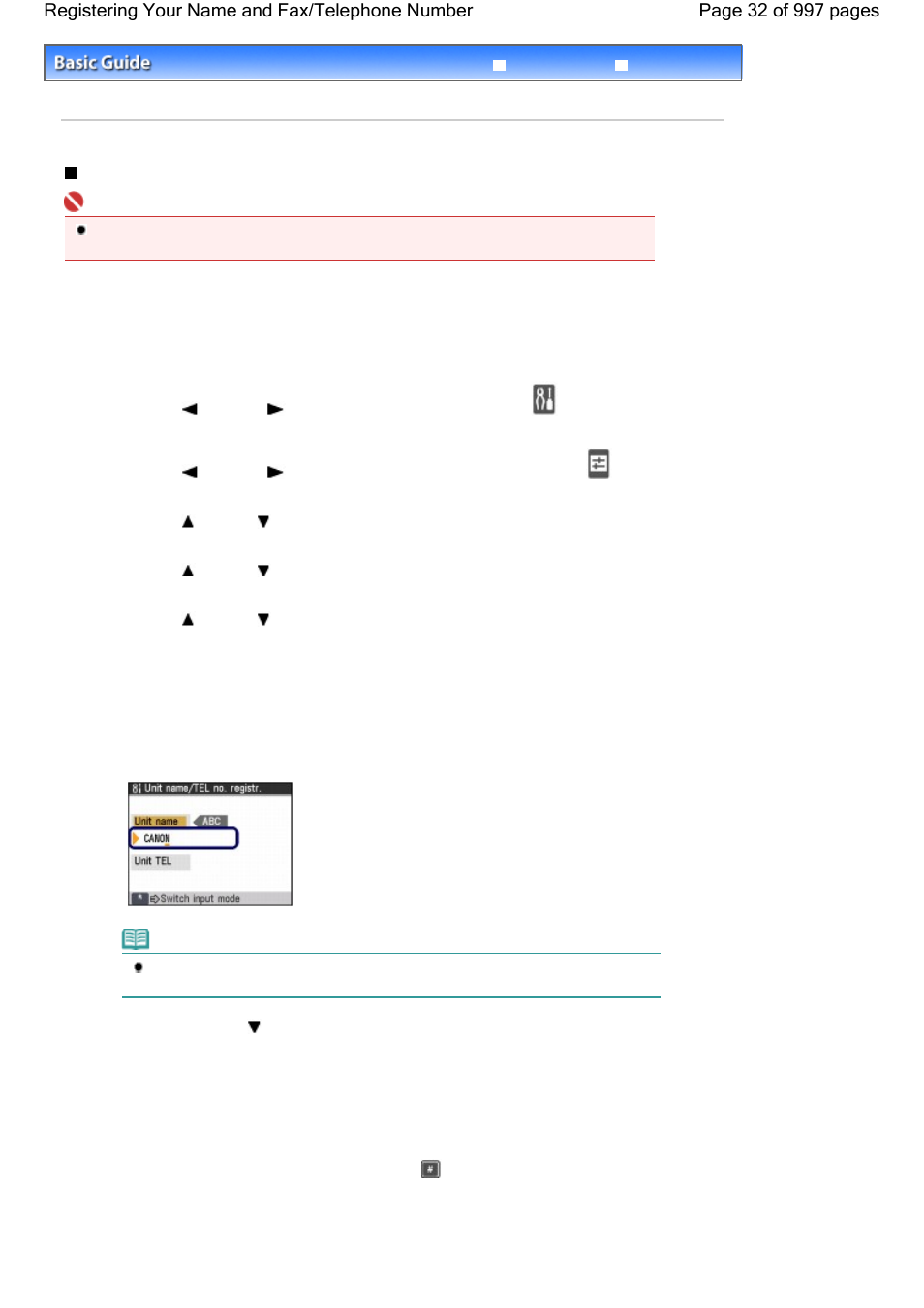 Registering your name and fax/telephone number | Canon mx860 User Manual | Page 32 / 997