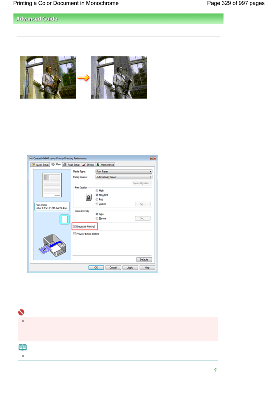Printing a color document in monochrome | Canon mx860 User Manual | Page 329 / 997