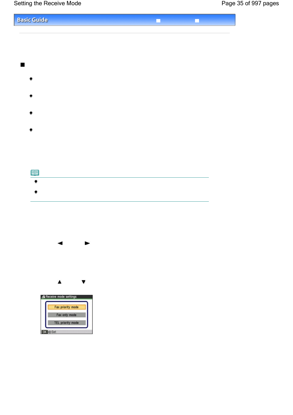 Setting the receive mode, Selecting a receive mode | Canon mx860 User Manual | Page 35 / 997