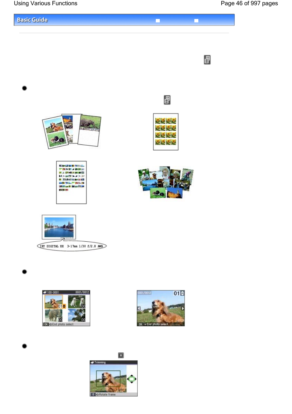 Using various functions, Printing photos in various layouts, Changing the display | Cropping a part of photo | Canon mx860 User Manual | Page 46 / 997