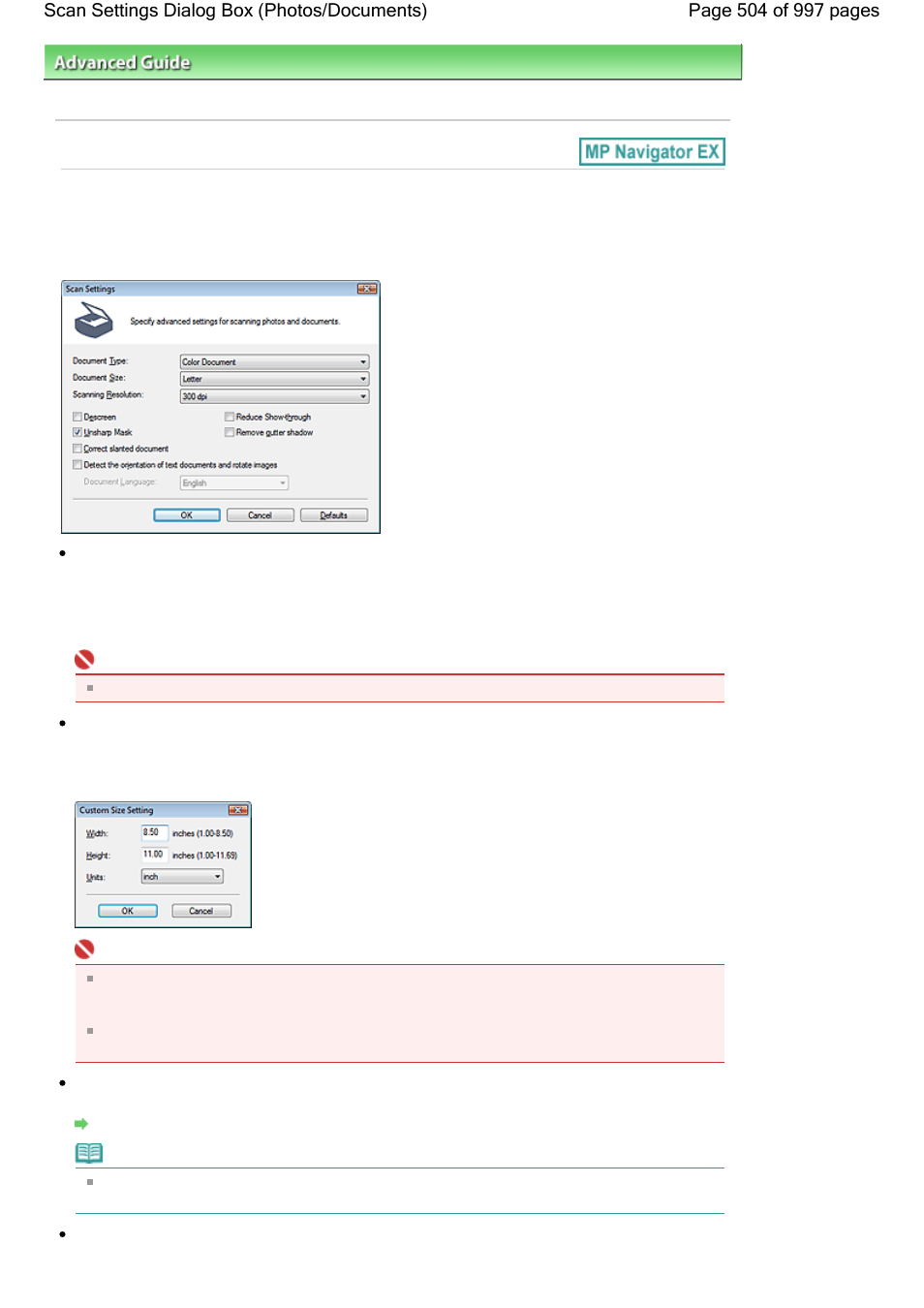 Scan settings dialog box (photos/documents) | Canon mx860 User Manual | Page 504 / 997