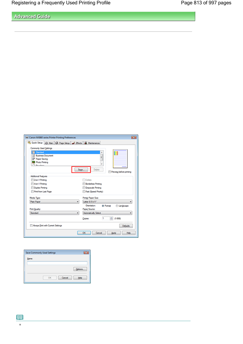 Registering a frequently used printing profile | Canon mx860 User Manual | Page 813 / 997