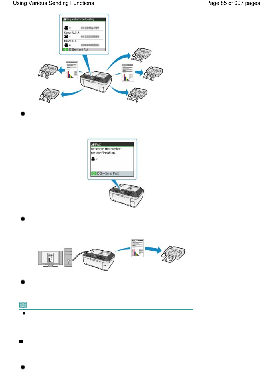 Fax number re-entry (prevent dialing wrong number), Sending from your computer (windows only), Dial search | Settings for sending faxes, Ecm tx | Canon mx860 User Manual | Page 85 / 997