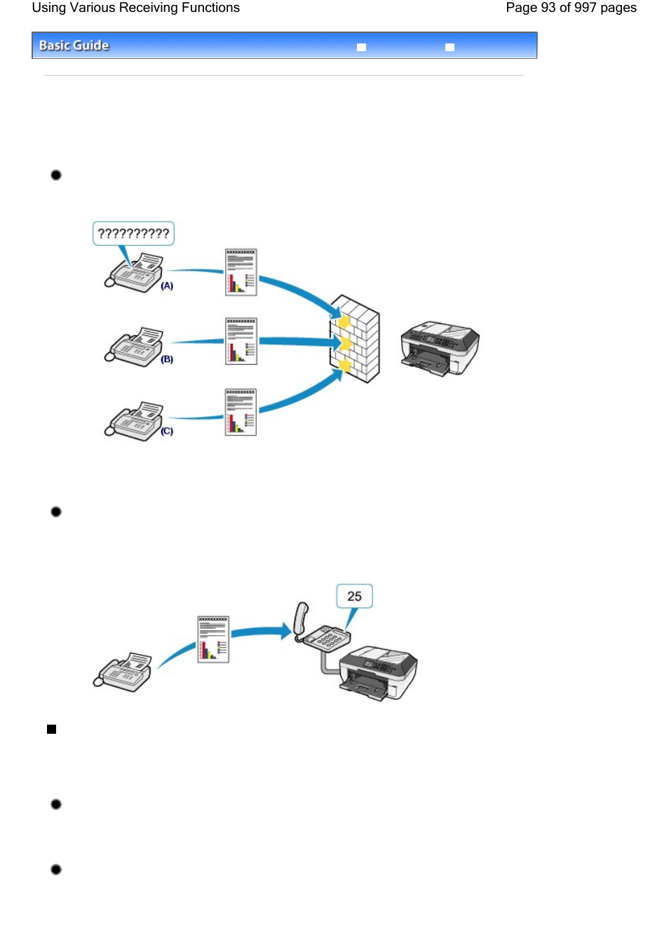 Using various receiving functions, Fax reception rejection, Remote reception | Settings for receiving faxes, Ecm rx, Fax priority mode | Canon mx860 User Manual | Page 93 / 997
