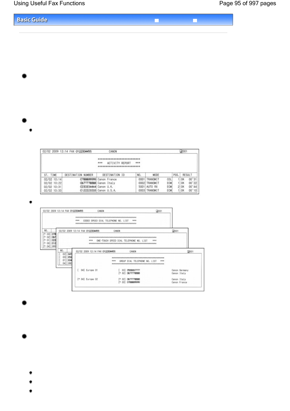 Using useful fax functions, Print reports/lists, Tel number registration | Canon mx860 User Manual | Page 95 / 997