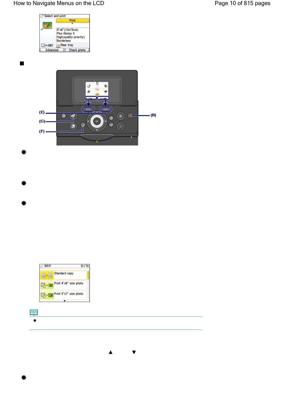 Returning to the previous screen, Canceling copying or printing, Other operations | Selecting items at the bottom of the lcd | Canon mp620 User Manual | Page 10 / 815
