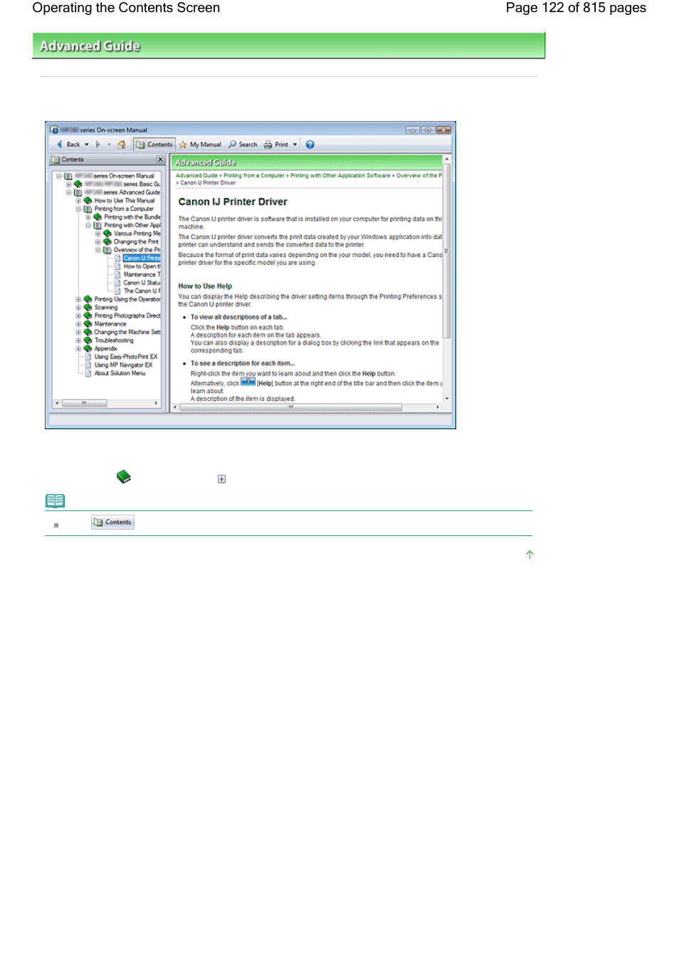 Operating the contents screen | Canon mp620 User Manual | Page 122 / 815