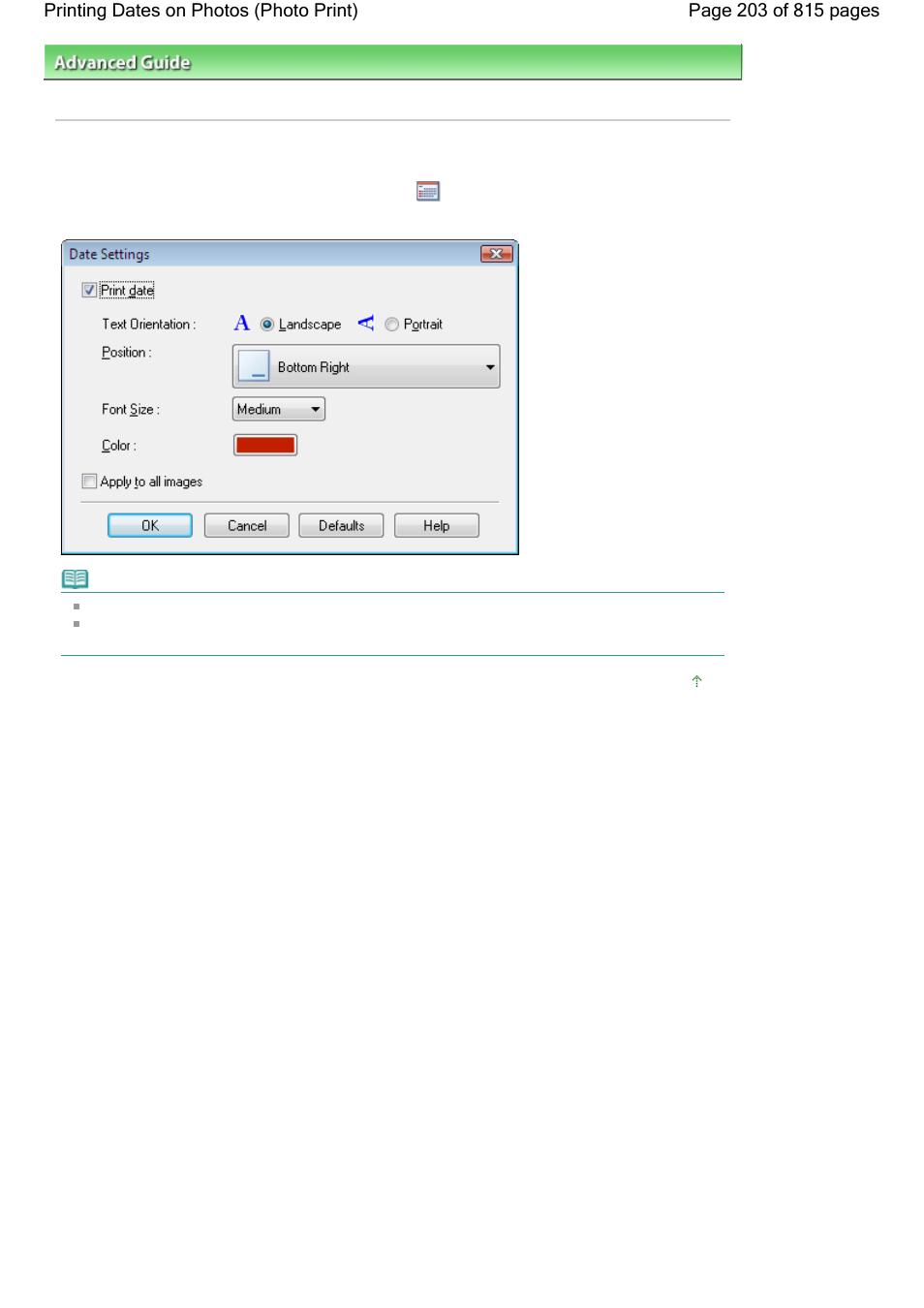 Printing dates on photos (photo print) | Canon mp620 User Manual | Page 203 / 815