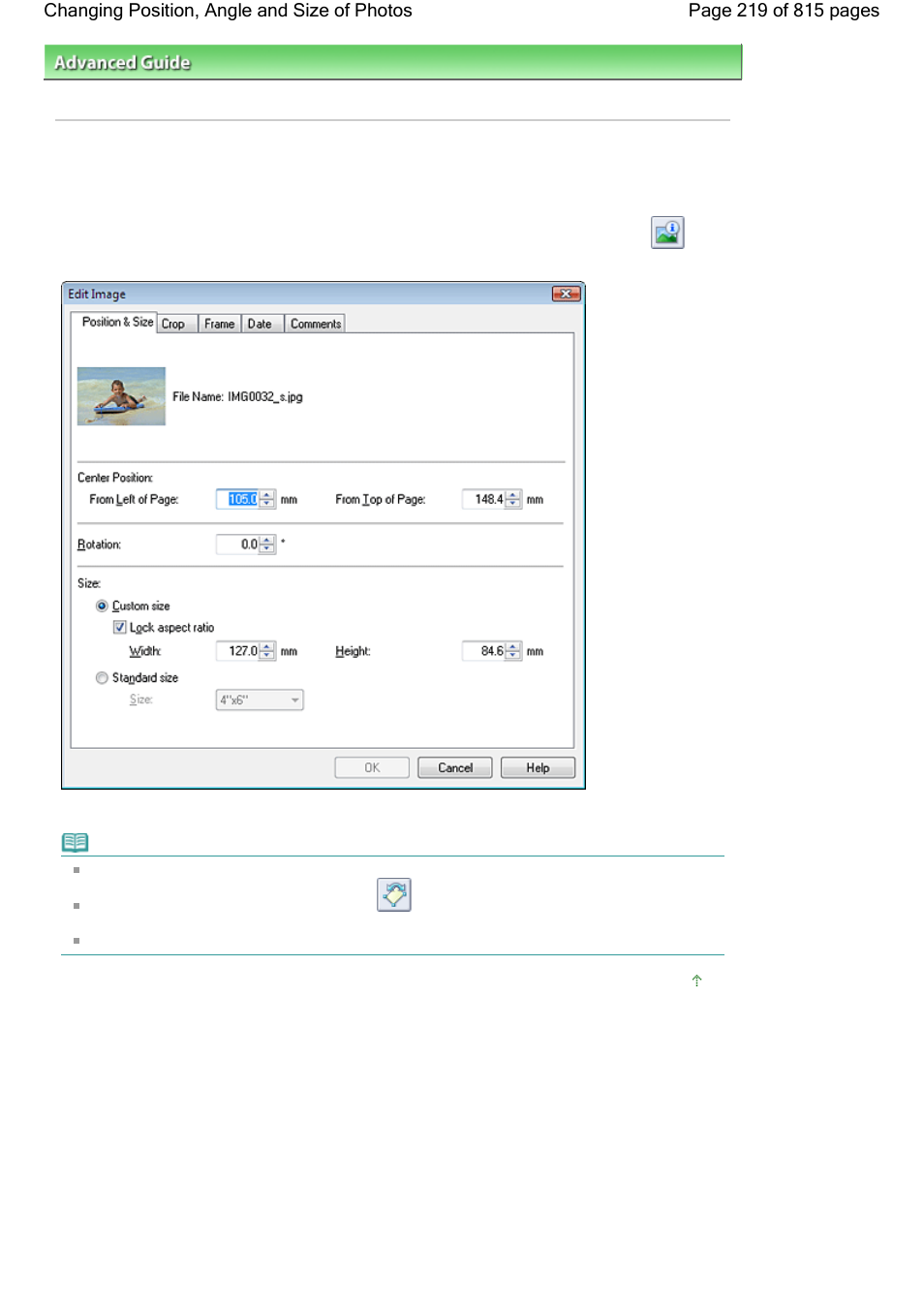 Changing position, angle and size of photos | Canon mp620 User Manual | Page 219 / 815