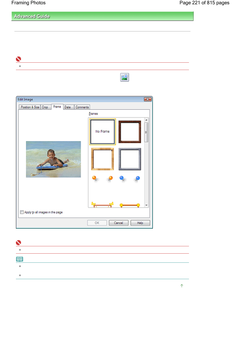 Framing photos | Canon mp620 User Manual | Page 221 / 815