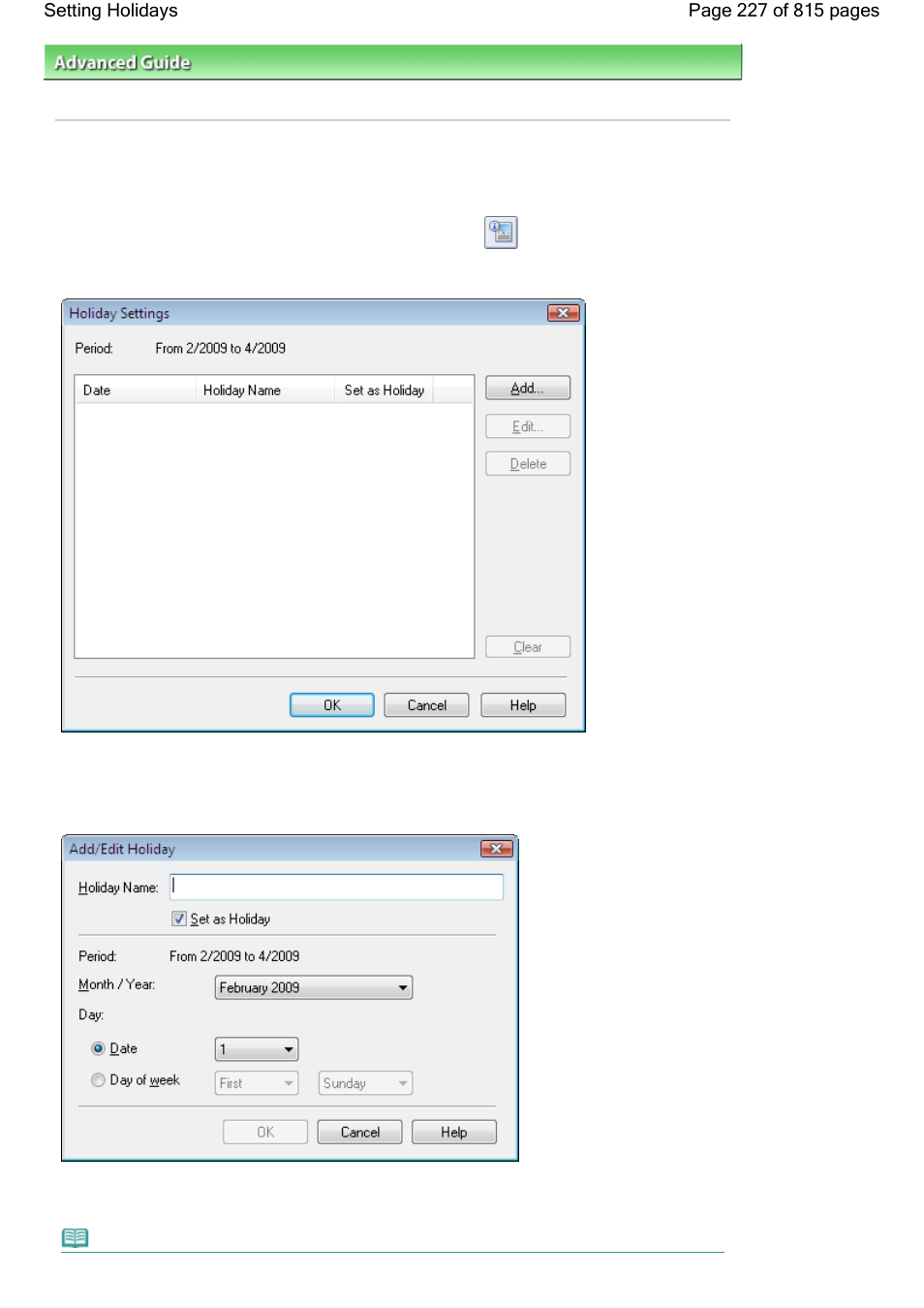 Setting holidays | Canon mp620 User Manual | Page 227 / 815