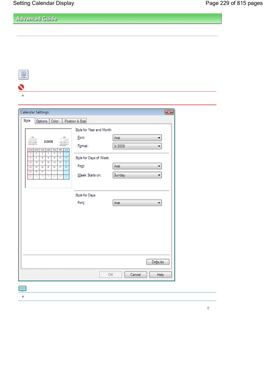 Setting calendar display | Canon mp620 User Manual | Page 229 / 815