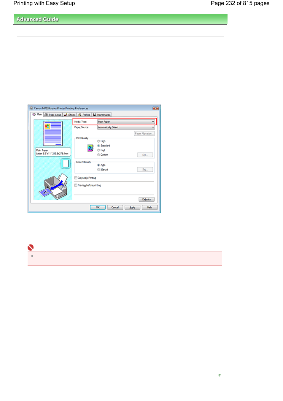 Printing with easy setup | Canon mp620 User Manual | Page 232 / 815