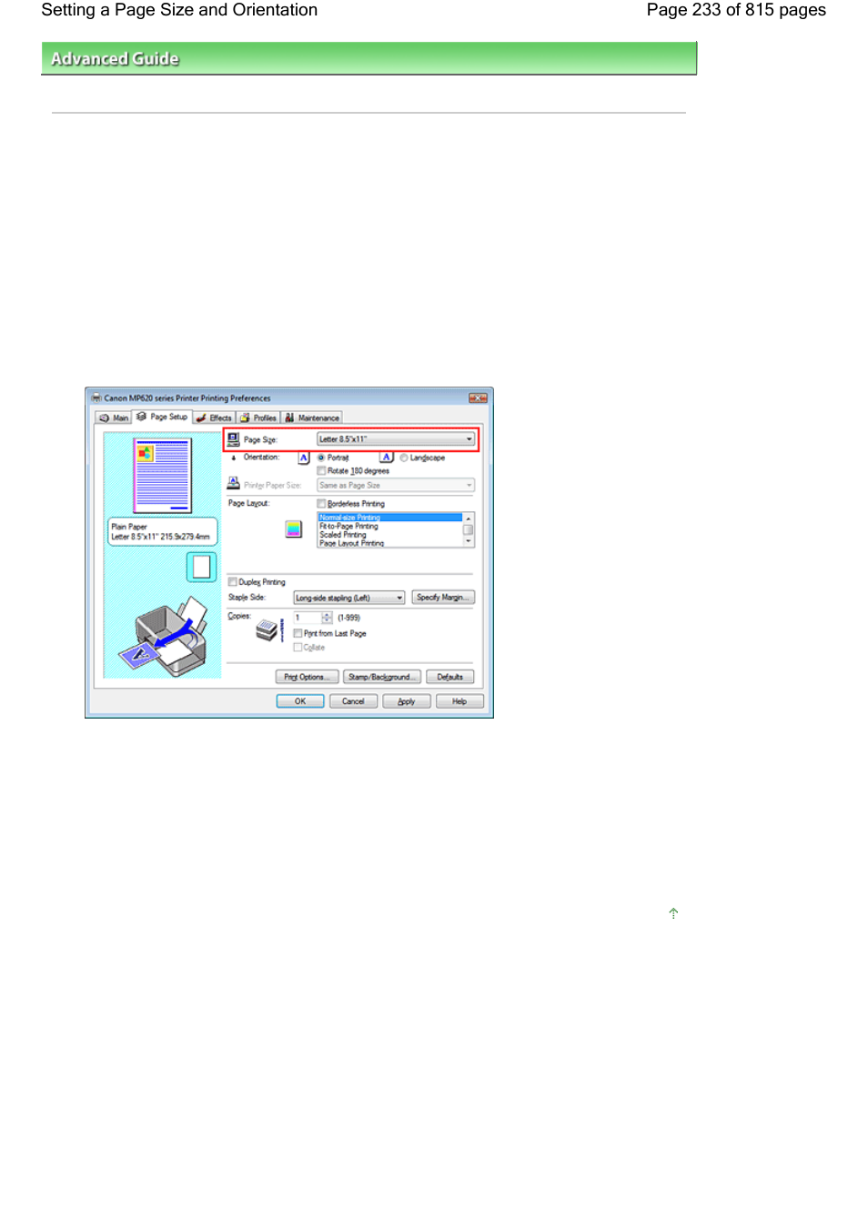 Setting a page size and orientation | Canon mp620 User Manual | Page 233 / 815