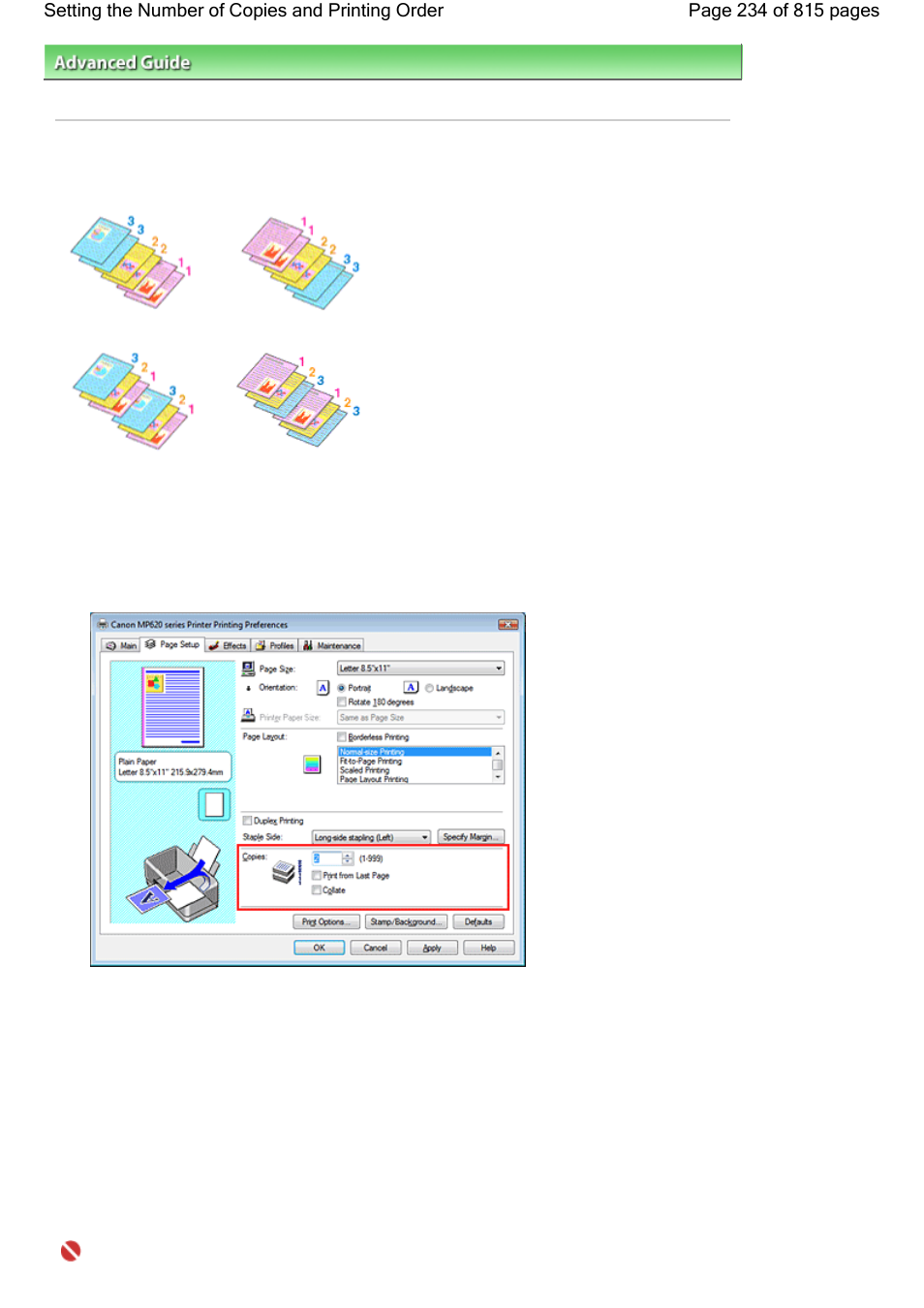 Setting the number of copies and printing order | Canon mp620 User Manual | Page 234 / 815