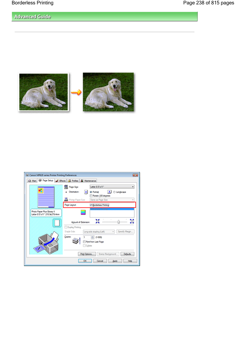 Borderless printing | Canon mp620 User Manual | Page 238 / 815