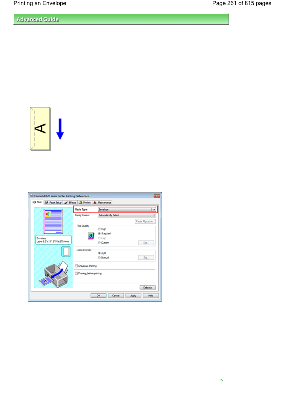 Printing an envelope | Canon mp620 User Manual | Page 261 / 815