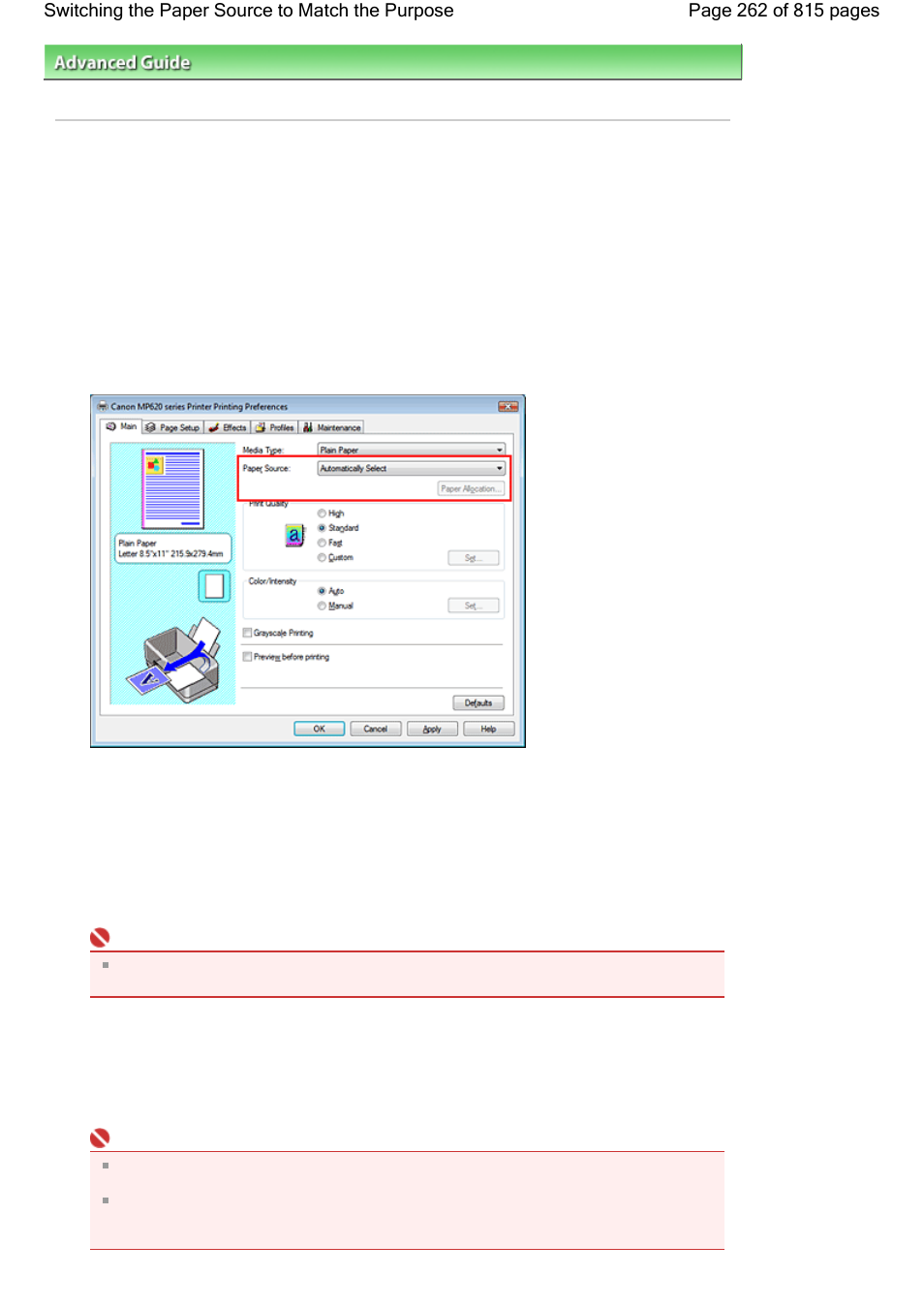 Switching the paper source to match the purpose | Canon mp620 User Manual | Page 262 / 815