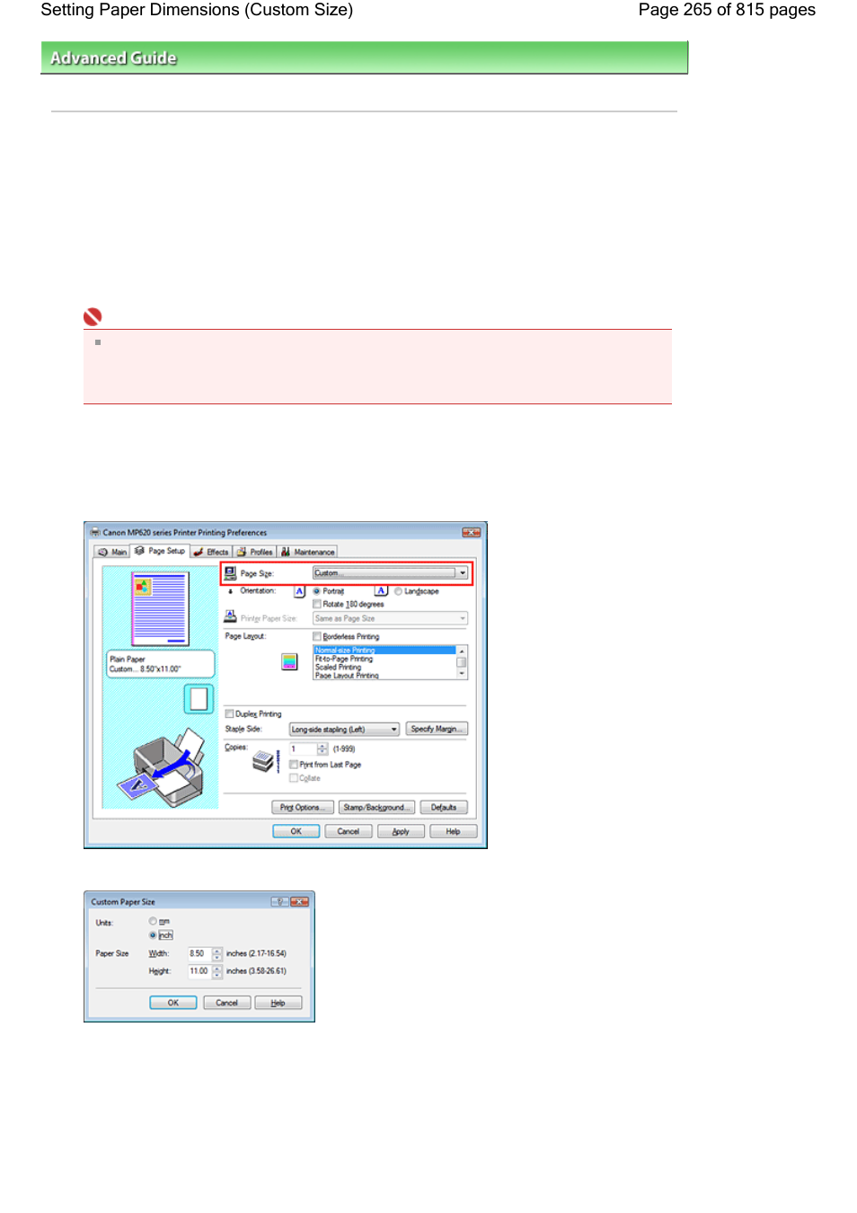 Setting paper dimensions (custom size) | Canon mp620 User Manual | Page 265 / 815