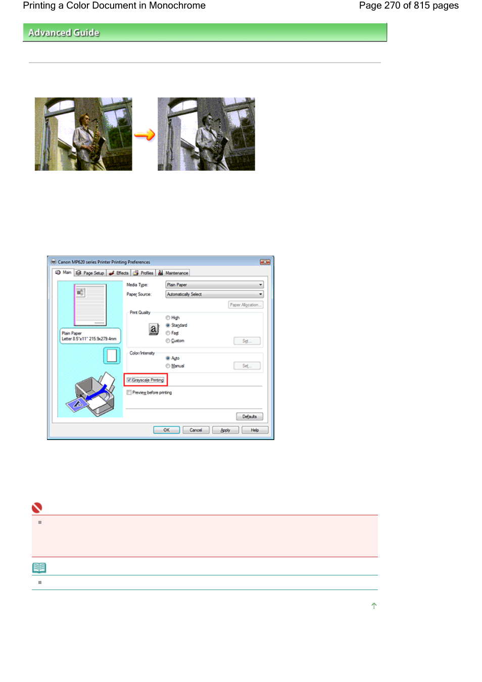 Printing a color document in monochrome | Canon mp620 User Manual | Page 270 / 815