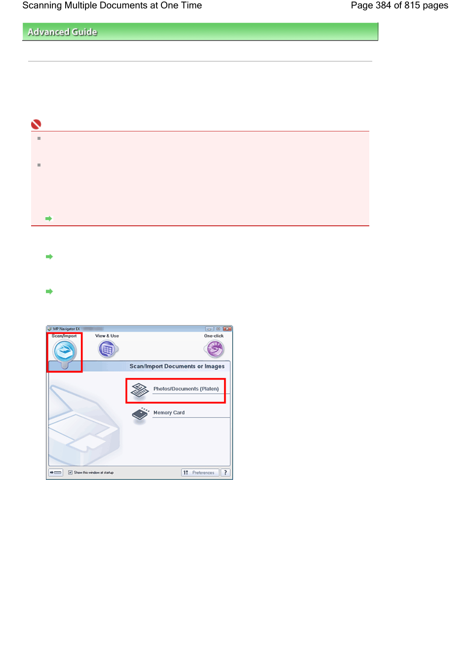 Scanning multiple documents at one time | Canon mp620 User Manual | Page 384 / 815