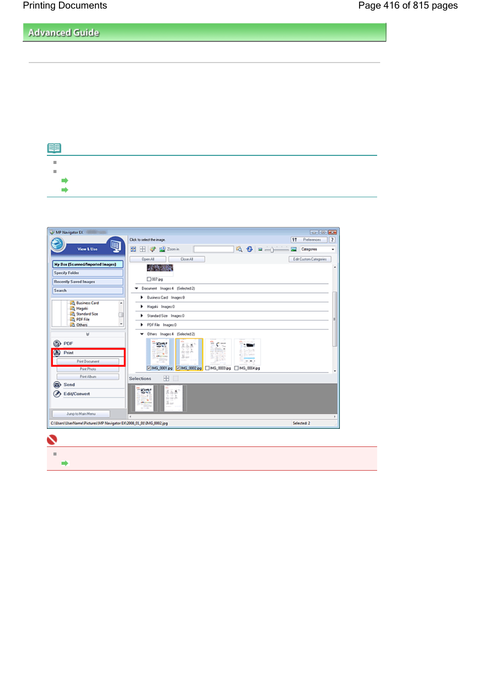 Printing documents | Canon mp620 User Manual | Page 416 / 815