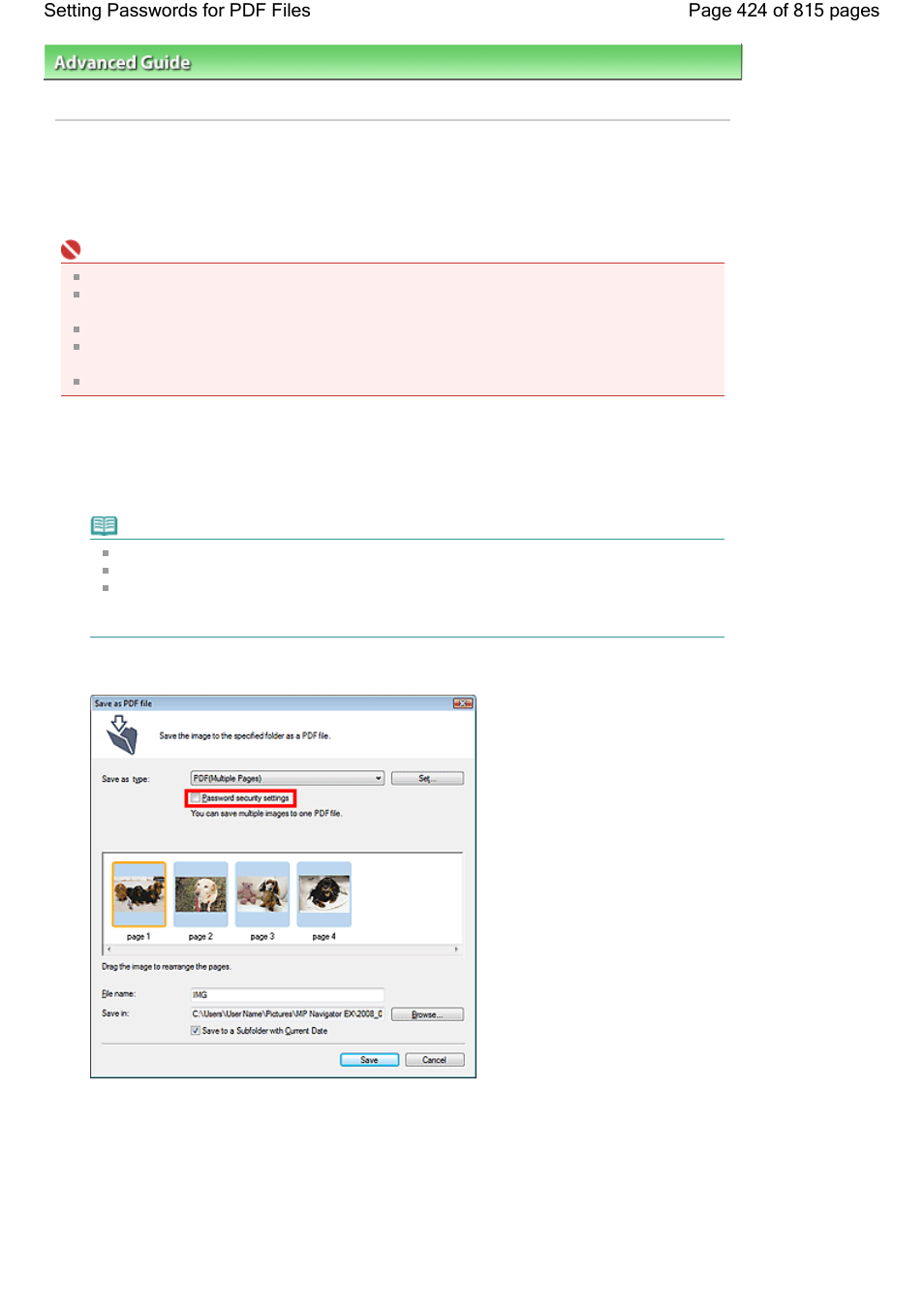 Setting passwords for pdf files | Canon mp620 User Manual | Page 424 / 815