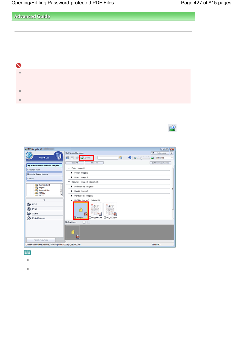 Opening/editing password-protected pdf files | Canon mp620 User Manual | Page 427 / 815