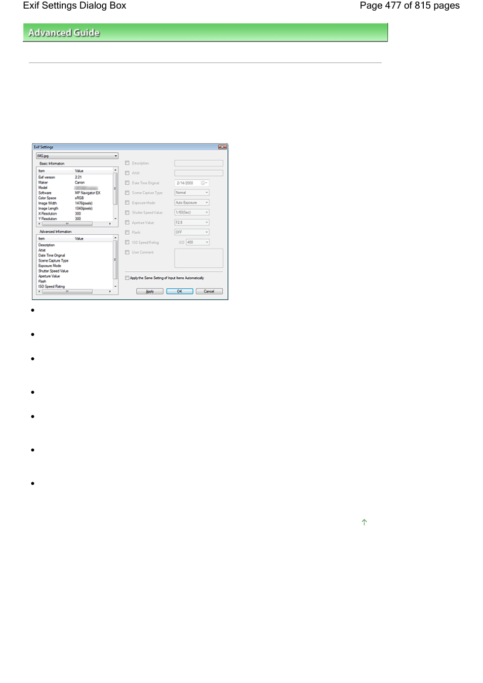 Exif settings dialog box | Canon mp620 User Manual | Page 477 / 815