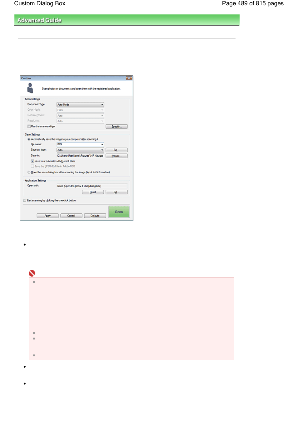 Custom dialog box | Canon mp620 User Manual | Page 489 / 815