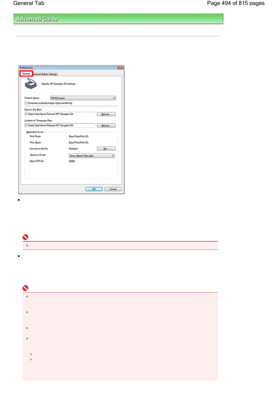 General tab | Canon mp620 User Manual | Page 494 / 815