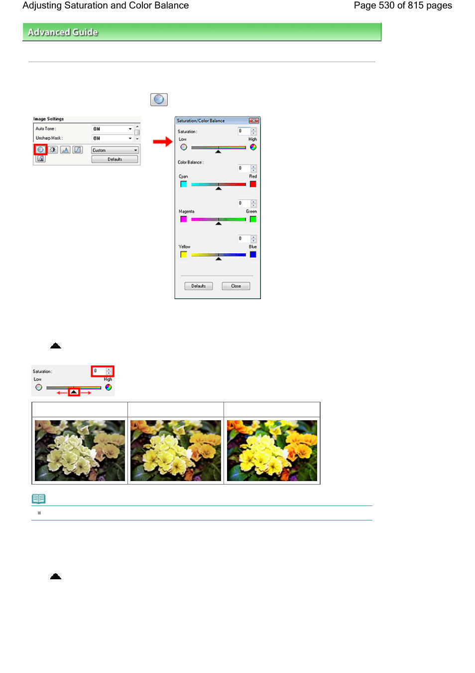 Adjusting saturation and color balance | Canon mp620 User Manual | Page 530 / 815