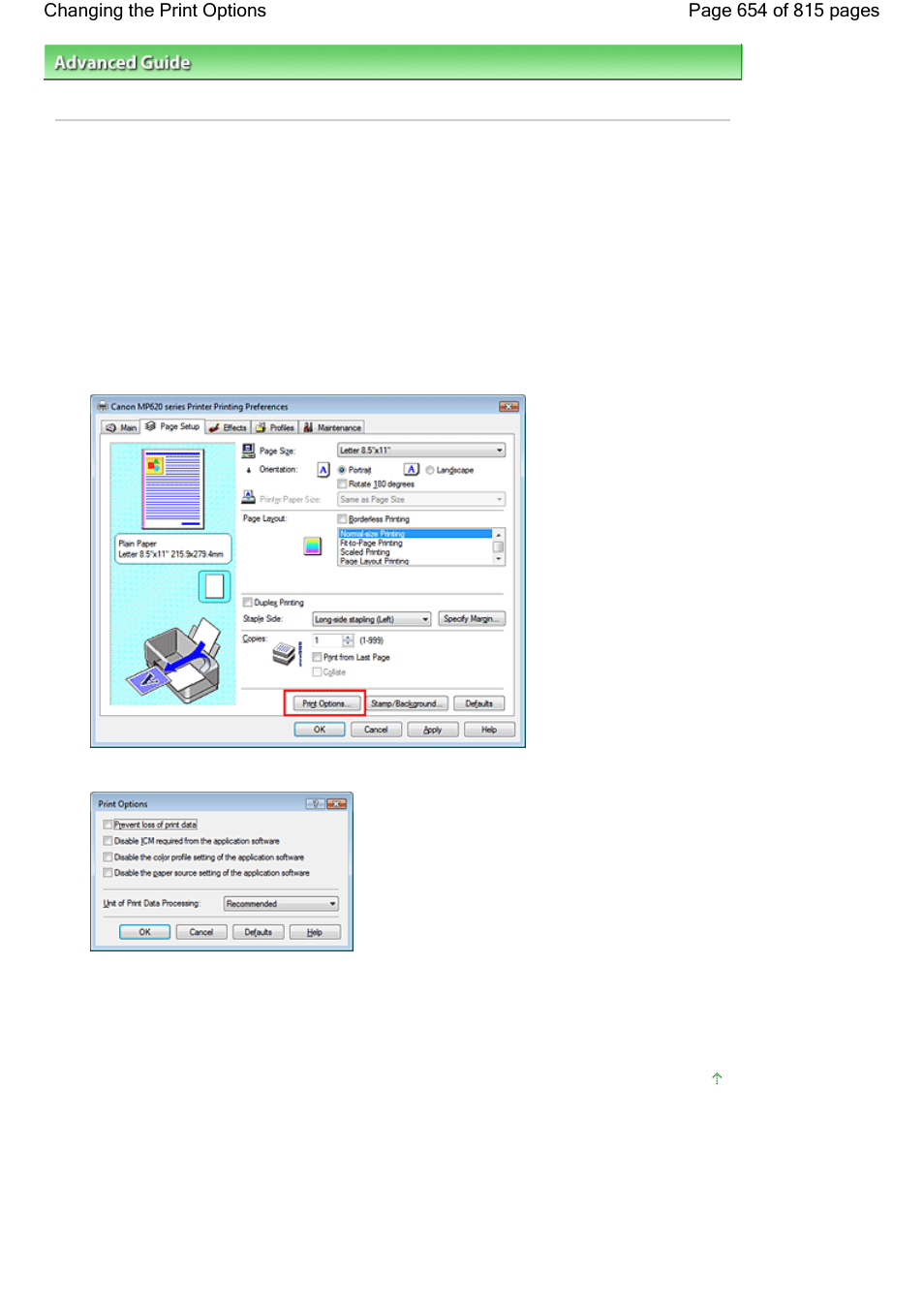 Changing the print options | Canon mp620 User Manual | Page 654 / 815