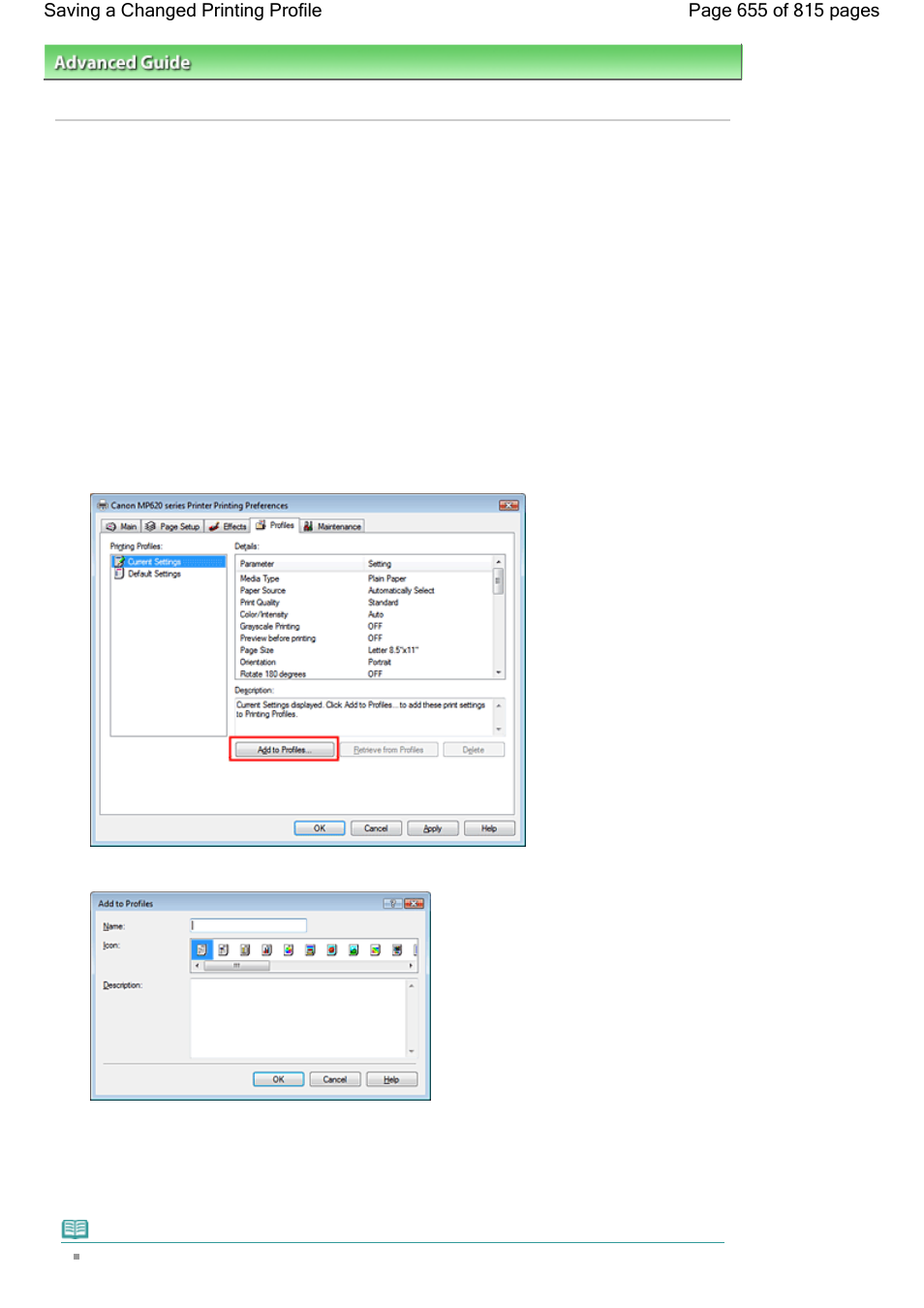 Saving a changed printing profile | Canon mp620 User Manual | Page 655 / 815