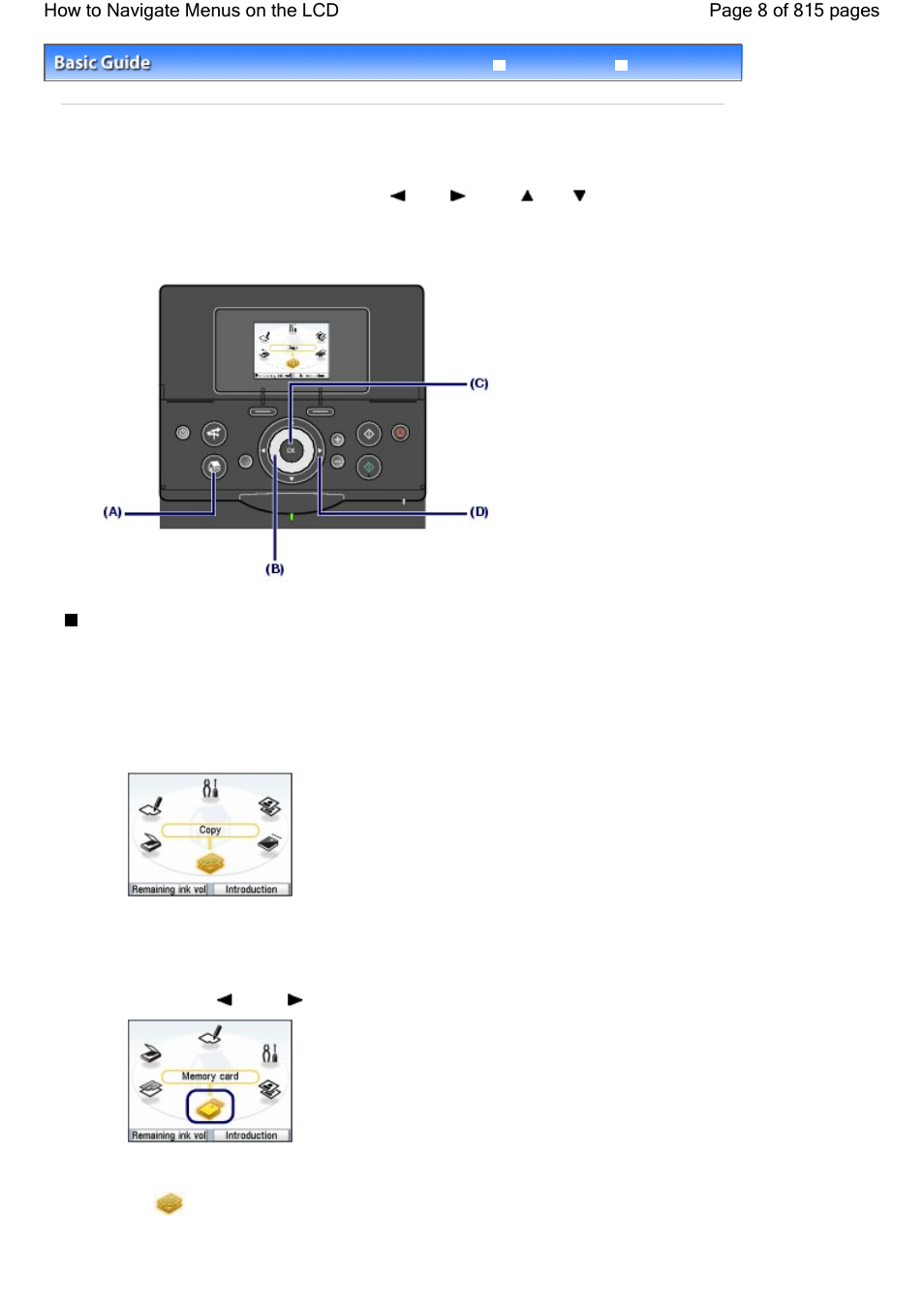 How to navigate menus on the lcd, Selecting menus on the home screen, Home | Canon mp620 User Manual | Page 8 / 815